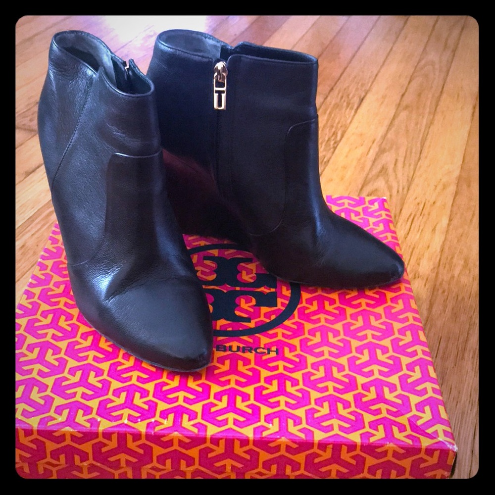 Tory Burch Black Leather Wedge Booties